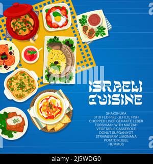 Couverture du menu de cuisine israélienne, plats et repas juifs israéliens, Vector. Cuisine israélienne, forshmak et matzah traditionnels, gefilte de poisson avec des légumes de cocotte et le foie haché ou gehakte leber Illustration de Vecteur