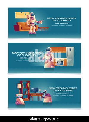Nouvelles technologies dans le nettoyage à la maison dessin animé bannière ou modèle de page d'arrivée ensemble avec des robots futuristes de serviteurs passer l'aspirateur, nettoyage appartement r Illustration de Vecteur