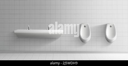 Toilettes publiques pour hommes intérieur minimaliste 3D maquette vectorielle réaliste. Nettoyez les urinoirs en céramique avec des boutons de rinçage en métal et un long lavabo avec tw Illustration de Vecteur