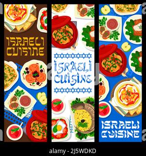 Banderoles de cuisine israélienne, plats et repas israéliens, menu du restaurant Vector. Cuisine israélienne ou juive, houmous traditionnels avec shakshuka, forshmak et matzah avec poisson gefilte ou brochet farci Illustration de Vecteur