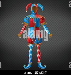 Costume rouge et bleu Jester avec cloches sur chapeau à cornes, leggings rayés et chaussures à bout torsadé 3D vecteur réaliste isolé sur fond transparent. M Illustration de Vecteur