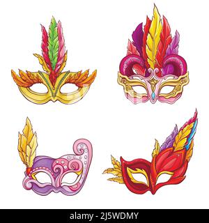 Masques faciaux pour femmes décorés de pierres précieuses et de plumes colorées cartoon vector set isolé sur fond blanc. Carnaval, mascarade ou costum Illustration de Vecteur