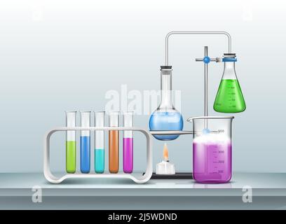 Expérience de recherche en chimie, biologie ou test 3D vecteur réaliste avec verrerie de laboratoire graduée remplie de réactifs de couleur, flacons de laboratoire connectés Illustration de Vecteur