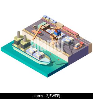 Port de ville, terminal de fret industriel, élément de conception de carte vectorielle isométrique isolé sur blanc. Camions, train transportant des marchandises sur quai, chargement par grue, u Illustration de Vecteur