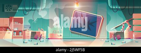 Explosion en laboratoire chimique, dangereux monstre échapper à la recherche du vecteur de dessin animé du centre. Intérieur de laboratoire détruit, équipement détruit illustrati Illustration de Vecteur