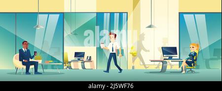 Réception dans le bureau d'affaires. Intérieur moderne avec personnage de réceptionniste, employé pour une pause-café et client attendant sur armc Illustration de Vecteur