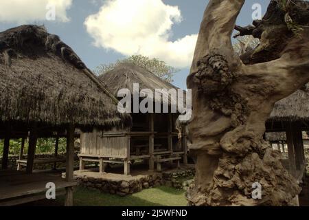 Cabanes en bois au toit de chaume dans le village traditionnel de Tenganan Pegringsingan à Karangasem, Bali, Indonésie. Le village a un modèle linéaire le long d'un axe Nord-Sud, selon le duo de chercheurs ni Putu Aryan et Regan Potagaroa dans leur document de 2014 présenté à la Conférence internationale - l'architecture verte pour la vie durable et l'environnement le 29 novembre 2014 à Denpasar, Bali, Indonésie. "Les zones spatiales sont divisées en trois hiérarchies de l'espace, à savoir: utama (sacré), madya (espace social) et nista (profane)", ont-ils écrit. Banque D'Images