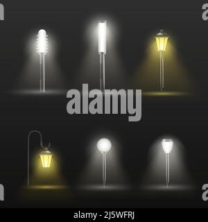 Lampe d'extérieur de chemin, de passerelle au design moderne et classique sur un pied court illuminant dans l'obscurité avec spot lumineux au sol 3D vecteur réaliste ensemble isol Illustration de Vecteur