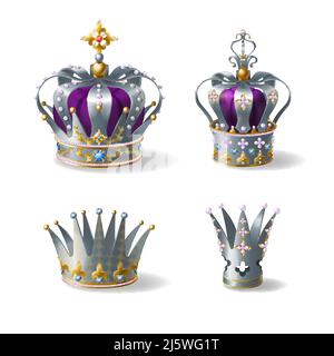 Couronne de grand lit, de grand argent, d'or ou de platine décorée de pierres précieuses et de perles, soie violette, ensemble de vecteurs réalistes de velours isolé sur fond blanc. Moi Illustration de Vecteur