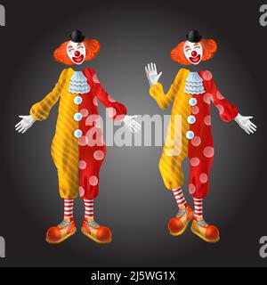 Jeu de personnages clown drôle isolé sur fond noir. Comedian jester portant le periwig de gingembre, chapeau de melon, nez rouge, costume coloré stand dans diffèrent Illustration de Vecteur