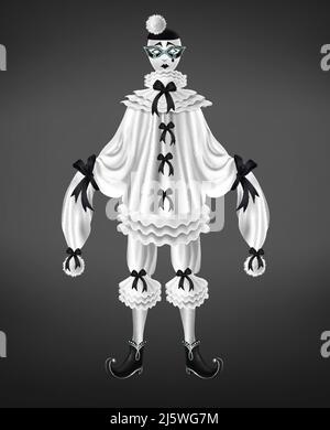 Costume blanc Pierrot avec noeuds noirs et pompons sur les manches longues, chaussures à bout torsadé, déchirure sur le triste masque de visage vecteur réaliste isolé sur le backgro noir Illustration de Vecteur