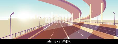 Autoroute à deux voies vide, autoroute moderne avec barrière médiane, passage supérieur ou pont au-dessus allant à la métropole sur un vecteur de dessin animé horizon. Ville tran Illustration de Vecteur