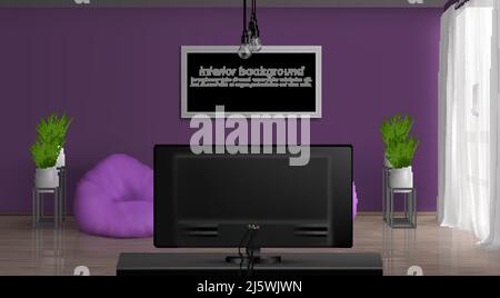 Maison ou appartement salon confortable 3D réaliste vecteur intérieur arrière-plan. Cadre de peinture ou de photo avec un exemple de texte sur un mur violet, fenêtre avec fenêtre vitrée Illustration de Vecteur