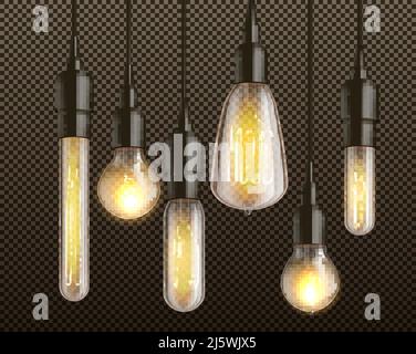 Différentes formes et formes d'ampoules à incandescence rétro avec filament chauffant suspendu par le dessus dans les supports de lampe noirs 3D Realistic Vector Set i Illustration de Vecteur