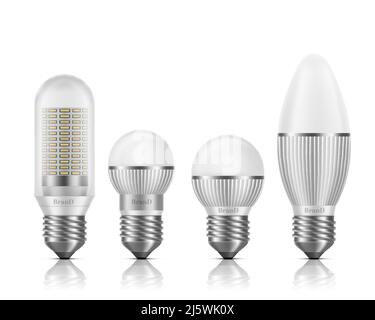 Différentes formes et tailles d'ampoules LED avec dissipateurs thermiques ou ailettes, base E27, prise femelle à vis 3D vecteur réaliste isolé sur fond blanc. Moderne Illustration de Vecteur