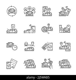 Icônes linéaires du service de partage de voiture, location de taxi et partage de véhicule, symboles de piscine de véhicules vectoriels. Icônes de ligne de service de covoiturage ou de covoiturage automatique pour l'échange de transport de passagers et l'application de partage de transport Illustration de Vecteur