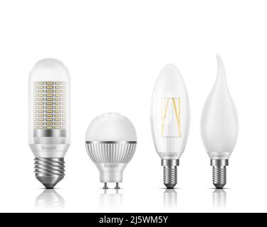 Flamme, globe, tubulaire, forme de bougie ampoules LED avec différents types de base et filament élément 3D vecteur réaliste ensemble isolé sur blanc. Élevée Illustration de Vecteur