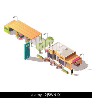 Ravitaillement en carburant 24 heures sur 24, station-service, Road café avec sièges extérieurs, illustration vectorielle isométrique isolée sur fond blanc. Architecture de ville, Illustration de Vecteur