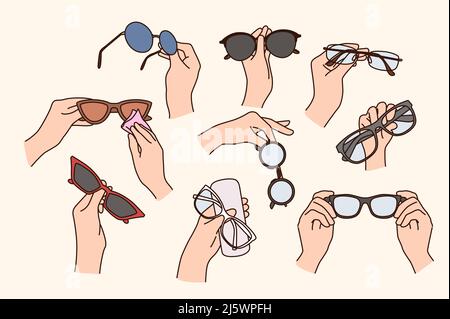 Collection de personnes portant différents verres pour la correction de la vue. Jeu de mains de personnes avec lunettes. Articles de lunetterie et articles de lunetterie publicitaires. Illustration vectorielle plate. Illustration de Vecteur