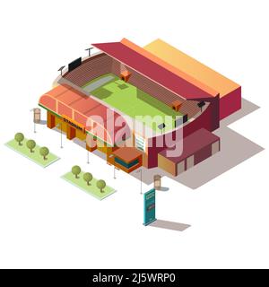 Stade de football, bâtiment isométrique avec guichet et panneau d'affichage du calendrier sportif, isolé sur fond blanc. Sports et loisirs urbains, infras urbains Illustration de Vecteur