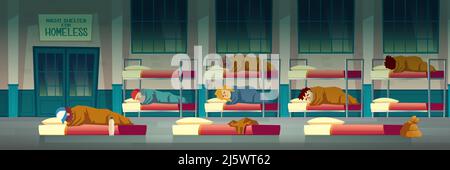 Logement de nuit pour les sans-abri caricature vecteur concept avec mendiant pauvre couché sur le matelas au sol, hommes et femmes dormant sur des lits superposés en urgence Illustration de Vecteur