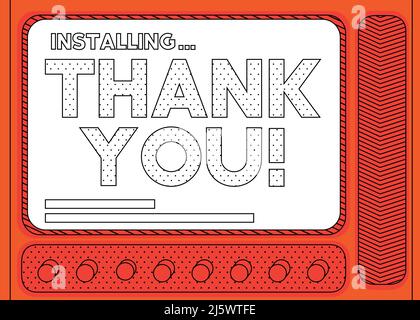 Ordinateur de dessin animé avec les mots Merci! Message d'un écran affichant une fenêtre d'installation. Illustration de Vecteur
