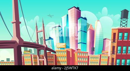 Ville moderne métropole croissance, vue sur la rue avec pont, vieux bâtiments et architecture futuriste moderne tours en verre gratte-ciel s'élevant au ciel, airpl Illustration de Vecteur