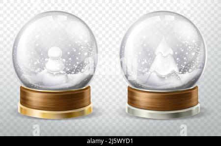 Globe en cristal réaliste avec neige tombée, bonhomme de neige et arbre de noël à l'intérieur, isolé sur fond transparent, élément en forme de boule de verre, xmas gi Illustration de Vecteur