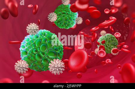 Virus dans le sang. Danger d'épidémie. Les leucocytes attaquent le virus. Immunité du corps. 3D illustration de la recherche médicale Banque D'Images