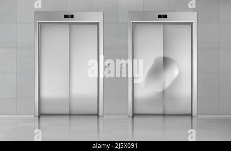 Portes de l'ascenseur, ouverture de l'entrée de cabine neuve et endommagée avec panneau de boutons en métal chromé, intérieur du couloir du bâtiment vide, vestibule de bureau, hôtel ou Illustration de Vecteur