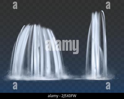 Des cascades ou des fontaines hautes, minces et larges, des cours d'eau de haute mer, des puits de source d'eau douce propre coulent 3D vecteurs réalistes isolés sur transparent Illustration de Vecteur