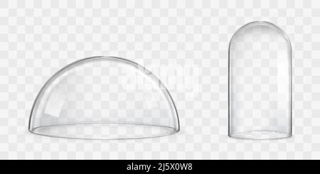 Dômes en verre de différentes tailles et formes sphériques ou bocaux en cloche 3D vecteurs réalistes isolés sur fond transparent. Outil de laboratoire, exposition Illustration de Vecteur