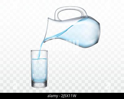 Verser de l'eau douce claire de cristal de la verseuse en verre dans le verre à boire à haute bille 3D illustration vectorielle réaliste isolée sur fond transparent. Réf Illustration de Vecteur