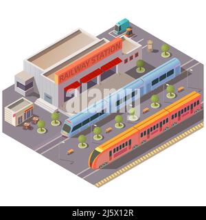 Bâtiment moderne de la gare ferroviaire, café de rue, parking avec voitures, trains de voyageurs à grande vitesse sur rails, arbres et bancs sur plateforme vecteur isométrique. Illustration de Vecteur