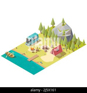 Terrain de camping sur la rive du lac de montagne avec cheminée, camionnette, tente touristique et bateau de plaisance dans l'eau illustration vectorielle isométrique isolée sur fond blanc Illustration de Vecteur