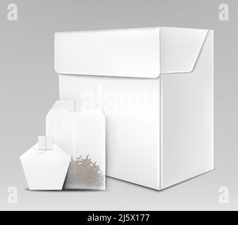 Maquette d'emballage pour thé noir, vert ou à base de plantes avec feuilles séchées à l'intérieur du teabag, étiquette pentagonale en papier vierge sur corde et cardboa blanc non étiqueté Illustration de Vecteur