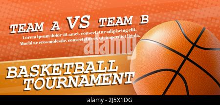 Tournoi de basket-ball, compétition d'équipes sportives, championnat de ligue d'étudiants 3D vecteur réaliste bannière publicitaire horizontale, affiche de promotion ou mouche Illustration de Vecteur