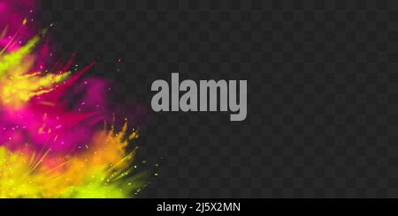 Poudre Holi peintures cadre, vecteur de bordure isolé sur fond transparent coloré explosion nuage, encre splash, colorant décoratif vibrant pour festival, Illustration de Vecteur