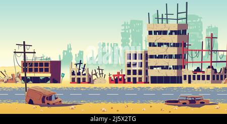 Destruction dans la zone de guerre, catastrophe naturelle ou conséquences cataclysme, concept de vecteur mondial post-apocalyptique. Ruines de la ville avec détruit, abandonner Illustration de Vecteur