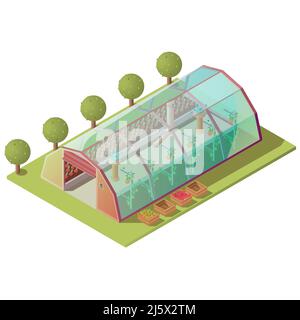 Serre isométrique, bâtiment agricole pour la culture de plantes et légumes avec fenêtres en verre et porte de levage automatique isolée sur fond blanc. Hoth Illustration de Vecteur