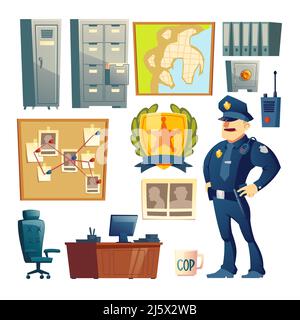 Poste de police, service des enquêtes spéciales, mobilier de lieu de travail de détective privé et éléments de design intérieur, caractère d'agent de police en Uni Illustration de Vecteur