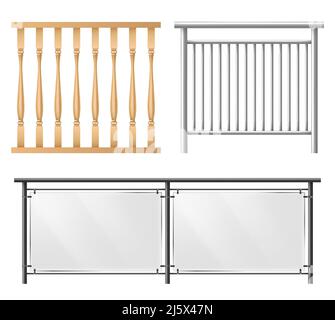 Bois, métal, rails en verre, section de clôture pour escaliers de maison, balcon de maison, clôture de trottoir 3D vecteur réaliste ensemble isolé sur fond blanc Illustration de Vecteur