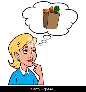 Fille pensant à l'épicerie - Une illustration de dessin animé d'une fille pensant à l'augmentation du coût de l'épicerie. Illustration de Vecteur