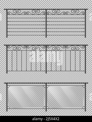 Jeu de sections de barrières métalliques, de verre ou de clôtures avec acier forgé, éléments décoratifs en spirale, treillis métallique et feuilles de plexiglas 3D vecto réaliste Illustration de Vecteur