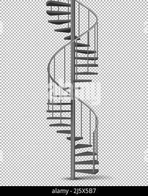 Escalier hélicoïdal en spirale métallique sur pilier avec rails en tube et escaliers en bois 3D illustration vectorielle réaliste isolée sur fond transparent. Hai Illustration de Vecteur