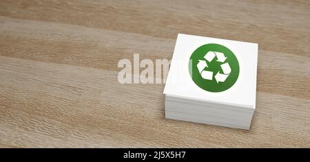 Symbole de recyclage sur table en papier et en bois avec espace de copie pour texte 3D rendu Banque D'Images