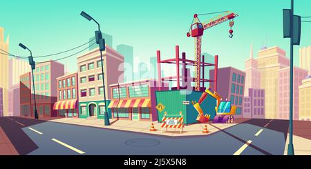Chantier de construction avec grue de construction sur une rue vide de la ville avec excavateur de cônes de trafic clos et panneau d'avertissement de route fermée. Travaux d'ingénierie en ville Illustration de Vecteur