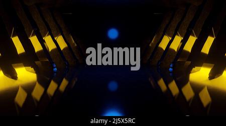 SCI Fi Neon luminescent Abstract Dance jaune rétro Orange lumières sur Grunge carrelé Alien Spaceship Reflective Concrete Club Dance Room 3D rendu Banque D'Images