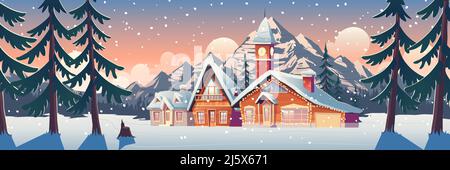 Paysage de montagne d'hiver avec maisons décorées avec guirlande de noël et tour avec horloge. Station de ski avec des épinettes et des sommets enneigés i Illustration de Vecteur