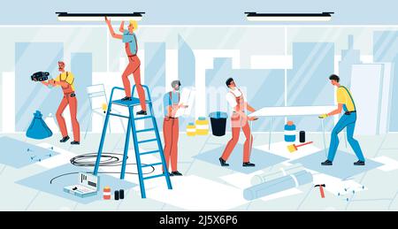 Travailleur réparant un appartement ou une salle de bureau Illustration de Vecteur